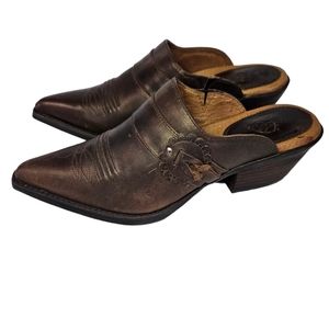 New Ariat Brown Leather Western Cowboy Snip Toe Block Heel Slip-On Mule Boot 5.5